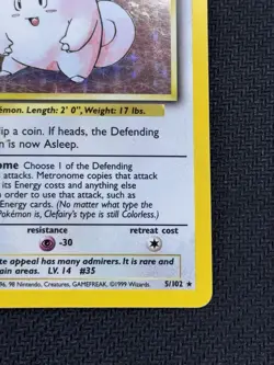 Pokemon TCG Clefairy 5/102 Base Set Holo Rare Card Light Play - Image 4