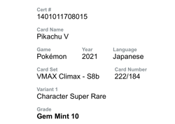 Pokemon Card Pikachu V 222/184 CSR Vmax Climax Full Art Japanese - Image 2