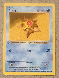 Pokemon TCG Base Set 1st Edition Shadowless Grey Stamp Staryu 65/102 HP (crease) - Image 1