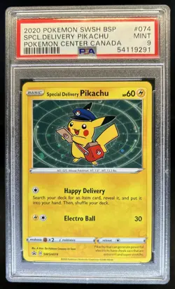 2020 Pokemon BSP Promos Special Delivery Pikachu Center Canada #SWSH074 PSA 9 - Image 1