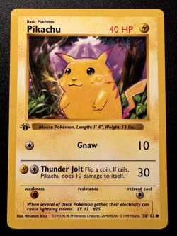 1st Edition Shadowless Pikachu 58/102 Base Set Pokemon Card Rare MP - Image 1