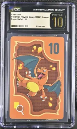 CGC 10 PRISTINE KOREAN POKEMON CHARIZARD 2022 PAPER SAFARI 10 PLAYING CARD 626B - Image 1