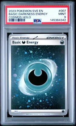 2023 POKEMON SVE EN-BASIC ENERGIES COSMOS HOLO #007 BASIC DARKNESS ENERGY PSA 9 - Image 1