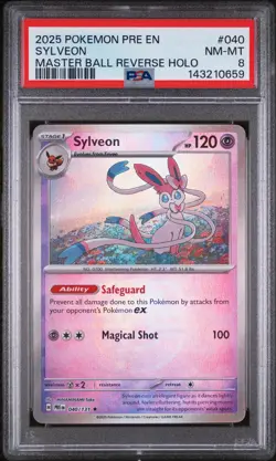 2025 POKEMON PRE EN-PRISMATIC EVOLUTIONS MASTER BALL REVERSE HOLO SYLVEON PSA 8 - Image 1