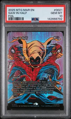 2025 MTG MARVEL'S SPIDER-MAN: SOURCE MAT FOIL #0021 SAW IN HALF PSA 10 - Image 1
