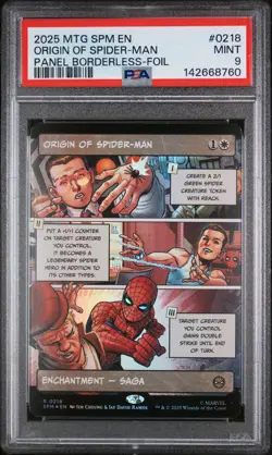 2025 MTG MARVEL'S SPIDER-MAN PANEL BORDERLESS-FOIL ORIGIN OF SPIDER-MAN PSA 9 - Image 1