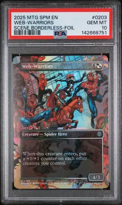 2025 MTG MARVEL'S SPIDER-MAN SCENE BORDERLESS-FOIL #0203 WEB-WARRIORS PSA 10 - Image 1
