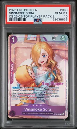 2025 ONE PIECE CHAMP 25-26 TOP PLAYER PACK 2 #063 VINSMOKE SORA PSA 10 - Image 1