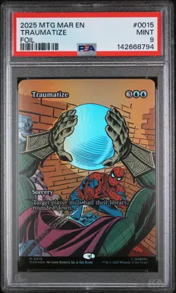 2025 MTG MARVEL'S SPIDER-MAN: SOURCE MATERIAL FOIL #0015 TRAUMATIZE PSA 9 - Image 1