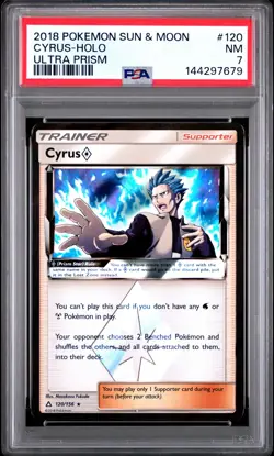 2018 POKEMON SUN & MOON ULTRA PRISM #120 CYRUS-HOLO PSA 7 - Image 1