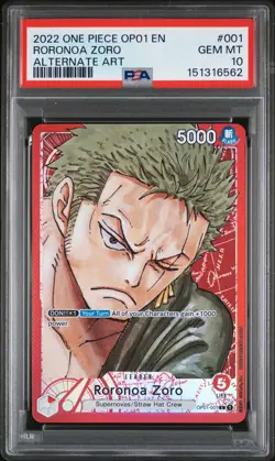 2022 ONE PIECE OP01-ROMANCE DAWN ALTERNATE ART #001 RORONOA ZORO PSA 10 - Image 1