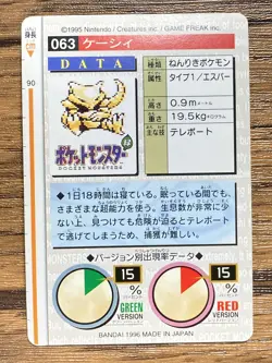 Pokemon Carddass Card Abra No. 63 Bandai Pocket Monsters Red ver. 1996 - Image 2