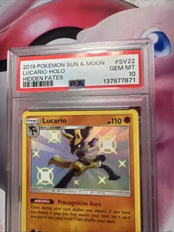 2019 POKEMON SUN & MOON HIDDEN FATES #SV22 LUCARIO-HOLO PSA 10 - Image 1
