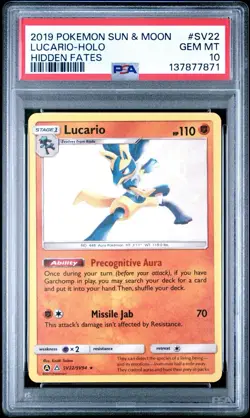 2019 POKEMON SUN & MOON HIDDEN FATES #SV22 LUCARIO-HOLO PSA 10 - Image 2