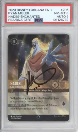 DISNEY LORCANA EN1 HADES KING OF OLYMPUS ENCHANTED 205 SIGNED RYAN MILLER PSA - Image 1