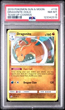 2019 POKEMON SUN & MOON TEAM UP COSMOS #119 DRAGONITE-HOLO PSA 8 - Image 1