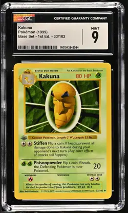 CGC 9 Kakuna 1999 Base Set Shadowless 1st Edition 33/102 Pokemon Card psa - Image 1