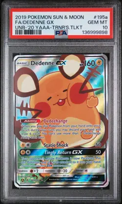 2019 POKEMON SUN & MOON UNBROKEN BONDS #195A FULL ART/DEDENNE GX PSA 10 - Image 1