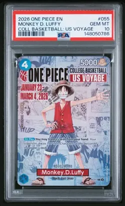 2026 ONE PIECE EN #055 COLLEGE BASKETBALL US VOYAGE MONKEY D. LUFFY PSA 10 GEM - Image 1