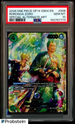 2026 ONE PIECE OP14-EB04-THE AZURE SEA'S SEVEN #006 RORONOA ZORO PSA 10 GEM MINT - Image 1