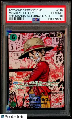 2025 One Piece OP-13 Japanese Red Manga Alternate Art #118 Monkey D Luffy PSA 10 - Image 1