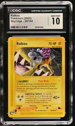 CGC 10 GEM MINT Raikou 2003 Skyridge 28/144 Pokemon Card - Image 1