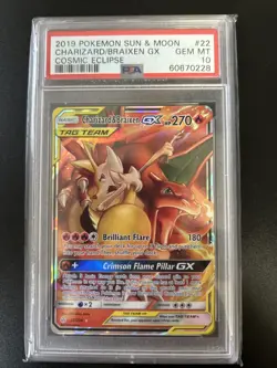 2019 Pokemon TCG Sun and Moon Charizard/Braixen GX Cosmic Eclipse PSA 10 - Image 1