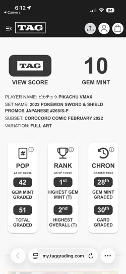 2022 POKEMON SWSH S-P PROMO JAPANESE #265/S-P PIKACHU VMAX ⚡ RANK #1 TAG 10 - Image 3