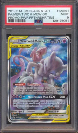 2019 POKEMON PARTNERSHIP TAG TEAM TINS MEWTWO & MEW GX #SM191 FULL ART PSA 9 - Image 1