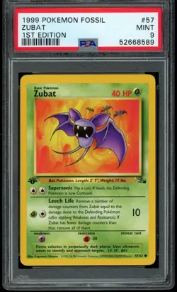 1999 Pokemon Fossil Unlimited 1st Edition Zubat #57 57/62 PSA 9 Fresh Grade! - Image 1