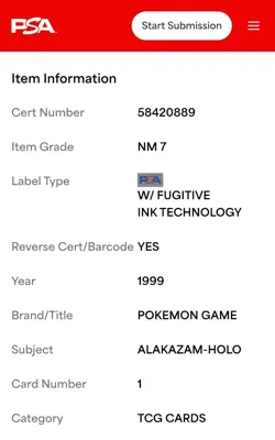 1999 Pokemon Alakazam Base Set Holo Card #1/102 Rare PSA 7 - Image 3