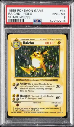1999 POKEMON BASE SET SHADOWLESS #14 RAICHU-HOLO PSA 8 - Image 1