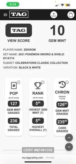 5th highest Zekrom TAG 10 Gem Mint 2021 Pokemon Celebrations Full Art 114and113 - Image 3