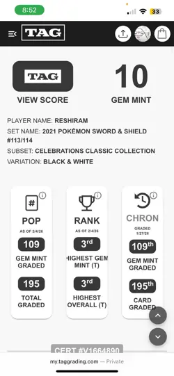 5th highest Zekrom TAG 10 Gem Mint 2021 Pokemon Celebrations Full Art 114and113 - Image 4