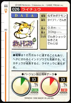 RAICHU NO. 026 BANDAI CARDDASS SERIES 1-2 G POKEMON JAPANESE GREEN 1996 HP - Image 3