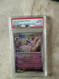 2025 POKEMON ENG PRISMATIC EVOLUTIONS 033 ESPEON MASTER BALL REVERSE HOLO PSA 8 - Image 1