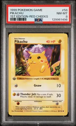 1999 POKEMON BASE SET 1ST EDITION-RED CHEEKS #58 PIKACHU PSA 8 - Image 1