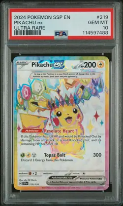 2024 POKEMON SSP EN-SURGING SPARKS ULTRA RARE #219 PIKACHU EX PSA 10 - Image 1