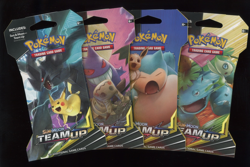 4x POKEMON Sun & Moon TEAM UP Sleeved Booster Packs COMPLETE Art Set MINT - Image 1