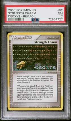 Pokemon Card Strength Charm 92/107 Reverse Holo EX Deoxys PSA 7 NM - Image 1