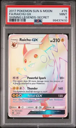 2017 POKEMON SUN & MOON SHINING LEGENDS 75 FULL ART/RAICHU GX SECRET PSA 9 - Image 1