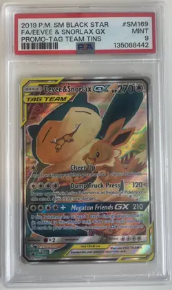Pokemon Eevee & Snorlax 2019 SM Black Star Promo Tag Team GX SM169 PSA 9 - Image 1