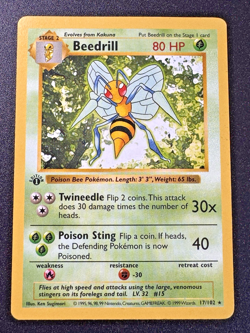 1st Edition Shadowless Beedrill 17/102 Base Set Pokemon Card Rare MP - Image 1