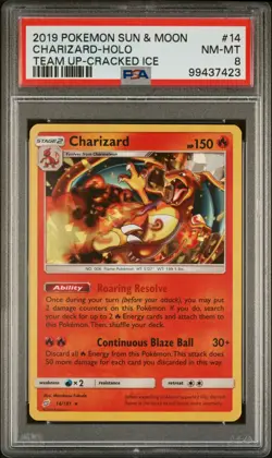 2019 POKEMON SUN & MOON TEAM UP 14 CHARIZARD-HOLO CRACKED ICE PSA 8 - Image 1