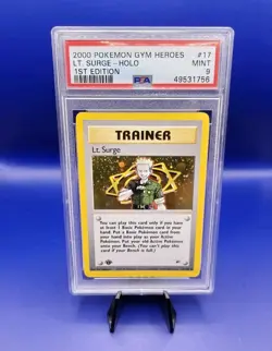 Lt Surge 17/132 1st Edition Holo Gym Heroes Pokemon Card WOTC 2000 Graded PSA 9 - Image 1