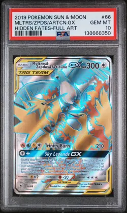 PSA 10 Moltres & Zapdos & Articuno GX Full Art Hidden Fates 66/68 Pokemon Card - Image 1