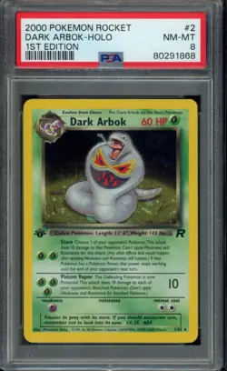 2000 Pokemon Dark Arbok Holo 1st Edition Team Rocket 2/82 NM-MT PSA 8 - Image 1