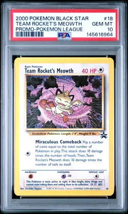 2000 POKEMON PROMO BLACK STAR POKEMON LEAGUE #18 TEAM ROCKET'S MEOWTH PSA 10 - Image 1