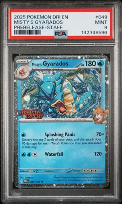 2025 POKEMON DRI EN-DESTINED RIVALS PRERELEASE-STAFF #049 MISTY'S GYARADOS PSA 9 - Image 1