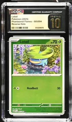 CGC Pristine 10 Lotad 005/094 Reverse Holo Phantasmal Flames Pokemon Card - Image 1